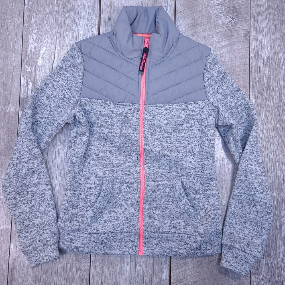 Superdry Storm Hybrid Track Top Womens 4 Gray Neon Pink Quilted Fleece Jacket